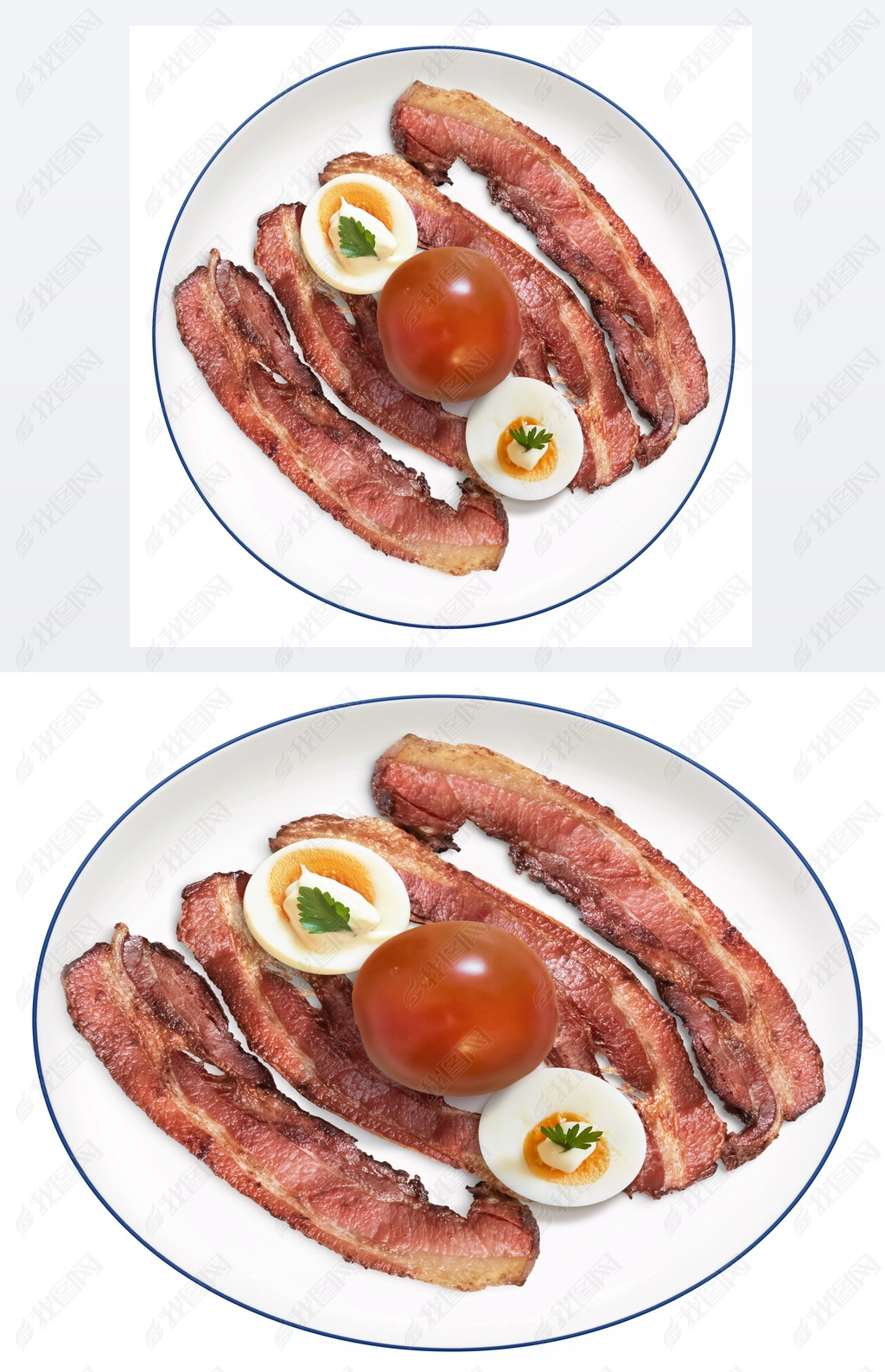 Fried Bacon Rashers with Tomato hard boiled Egg slices with Mayonnaise on Porcelain Plate Isolated o