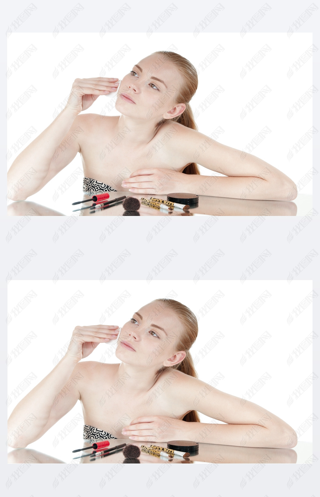 Close-up portrait of young pretty  girl with cotton swab cleaning her face