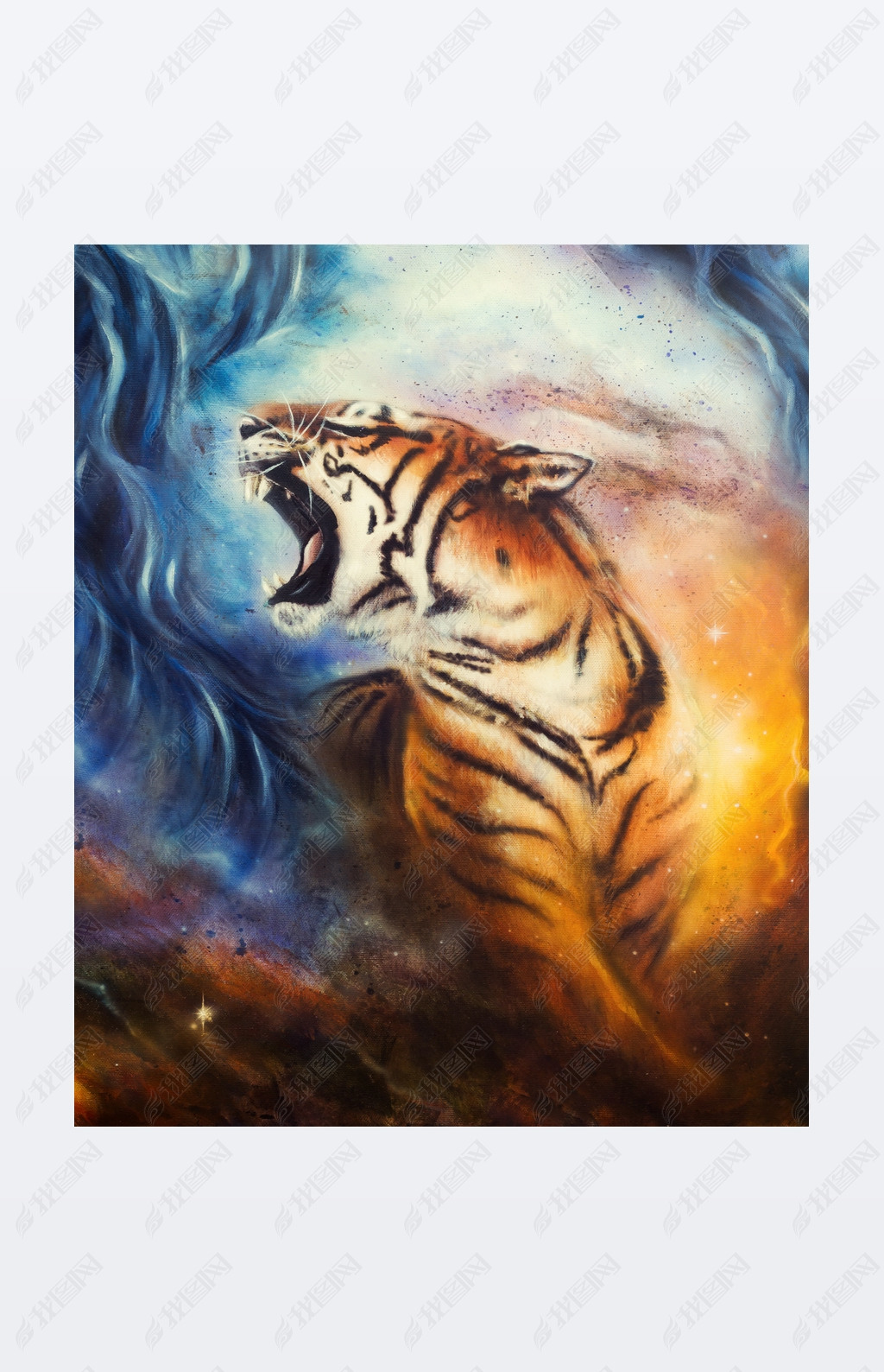 美丽的喷枪画的咆哮虎于抽象的宇宙背景