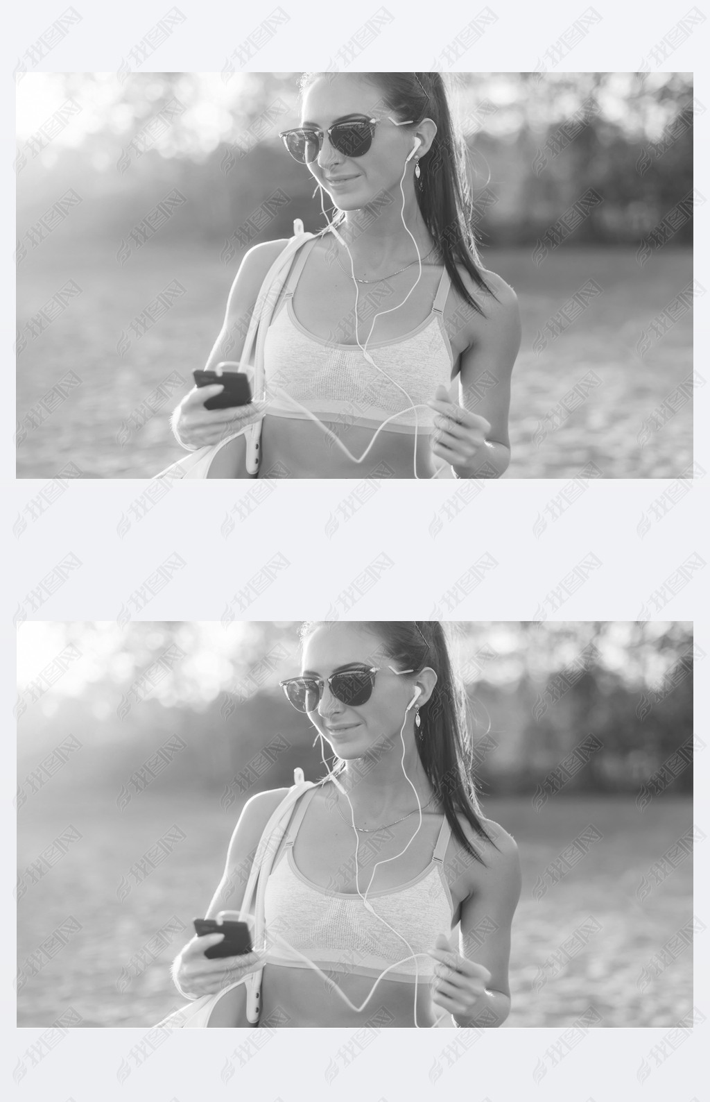 Black and white Athlete woman listening music looking at artphone after workout in nature outdoors