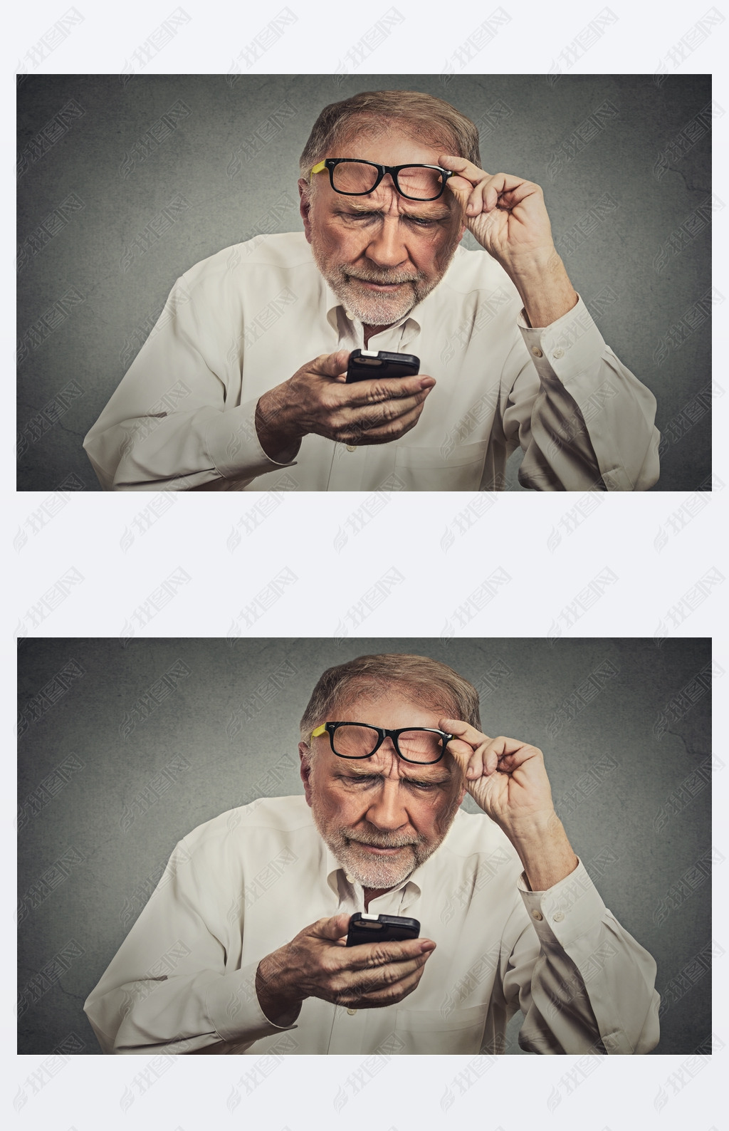 elderly man with glasses hing trouble seeing cell phone