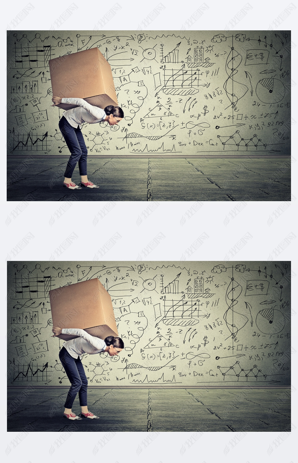 woman carrying hey box walking along gray wall 