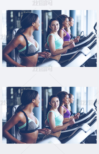 young beautiful women  running on treadmill 