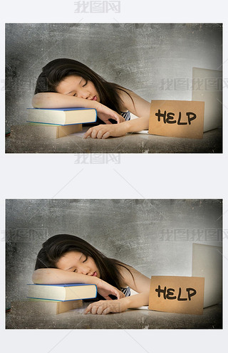 young pretty Asian Chinese woman student asleep on her laptop studying overworked with help sign on 