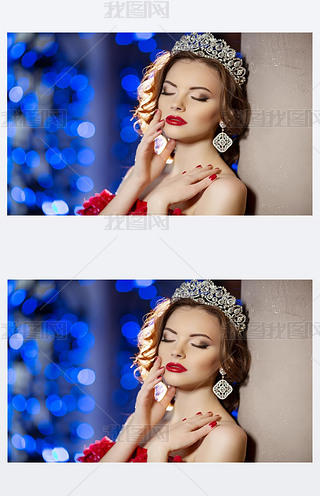 Woman in lux dress with crown like queen, princess, lights party