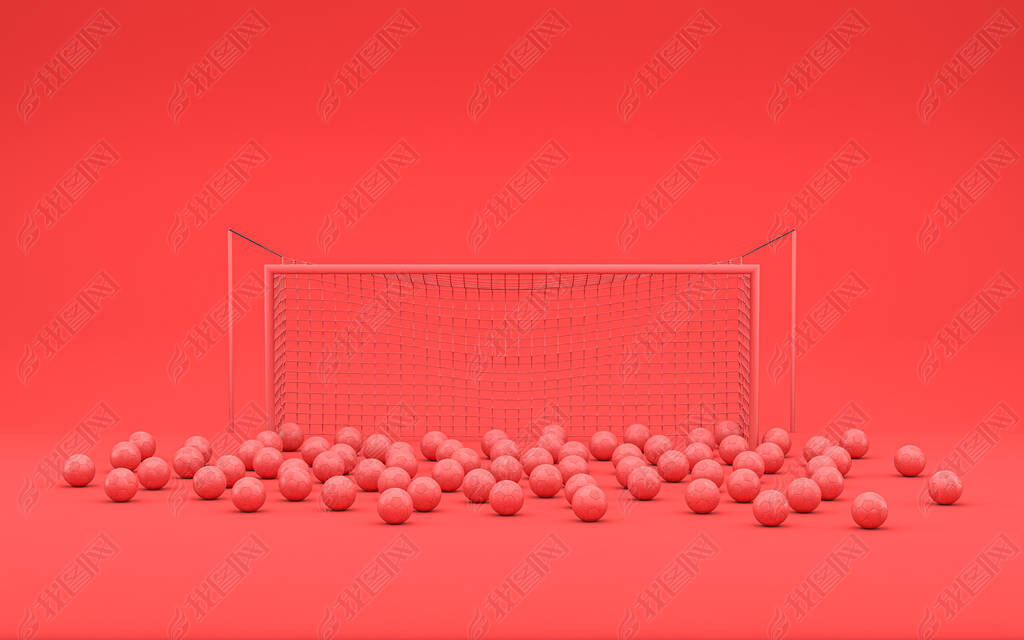 A Goal frame and bunch of football balls after multiple shots in single color monochrome red scene, 