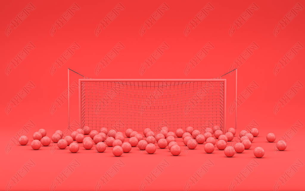 A Goal frame and bunch of football balls after multiple shots in single color monochrome red scene, 