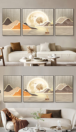 現代抽象山水風景線條麋鹿光影客廳裝飾畫2