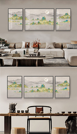 千里江山圖掛畫新中式客廳裝飾畫三聯畫沙發背景壁畫