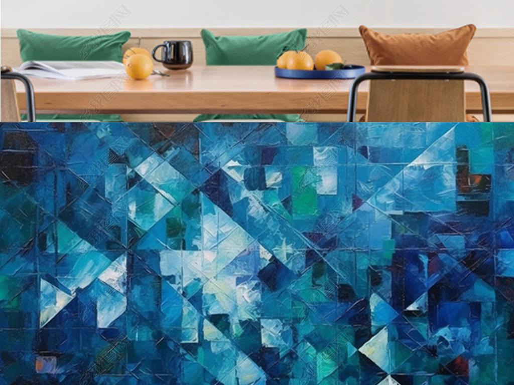 Blue geometric patchwork art