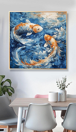 Blue and White Waves Curling Koi Fish Oil Texture Painting