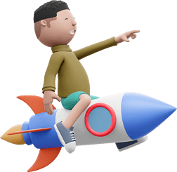 3D白人男性坐火箭起飛形象