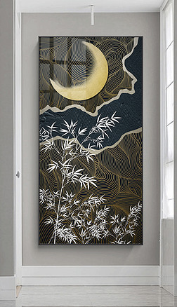 新中式竹子水紋月亮玄關背景墻鍍銀裝飾畫