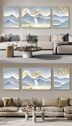 現代抽象光影九魚頭背靠金山客廳三聯掛畫