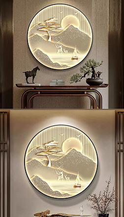 現代輕奢肌理山水福鹿玄關客廳圓框裝飾畫9