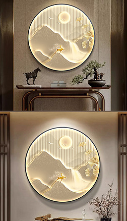 現代輕奢肌理山水福鹿玄關客廳圓框裝飾畫3