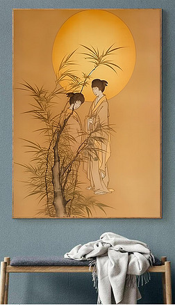 新中式圓月墨竹玄關裝飾壁畫月亮手繪油畫古風禪意客廳掛畫裝飾畫