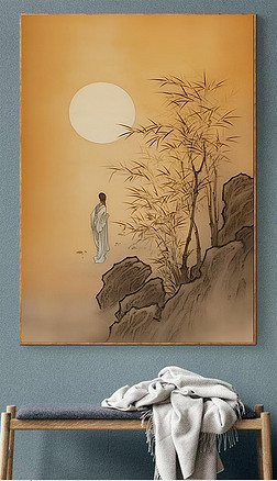 新中式圓月墨竹玄關裝飾壁畫月亮手繪油畫古風禪意客廳掛畫裝飾畫