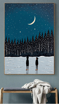 原創夜空星空風景月亮森林樹木雪地溫馨抽象裝飾畫