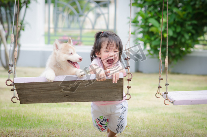 Asian baby  baby on swing with puppy
