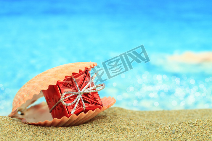 Gift box in a sea shell on the beach
