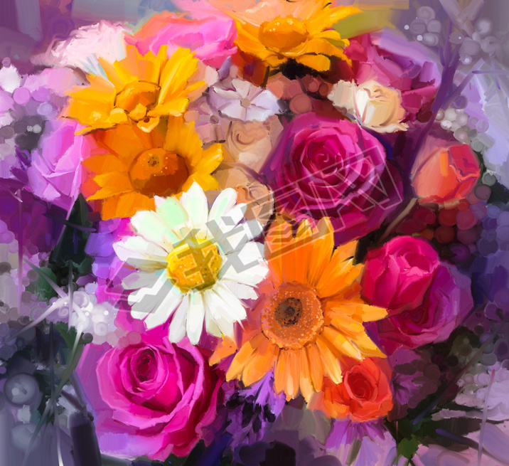 Closeup Still life of white, yellow and red color flowers .Oil painting a bouquet of rose,daisy and 