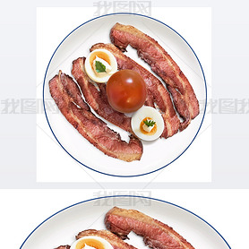 Fried Bacon Rashers with Tomato hard boiled Egg slices with Mayonnaise on Porcelain Plate Isolated o
