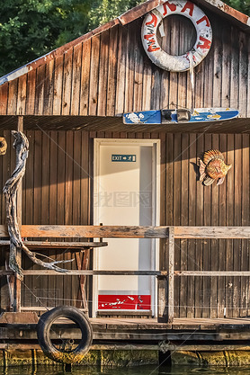 Old Weathered Wooden Summer Leisure Raft Hut On Sa River - Detail