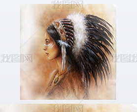 Young indian woman wearing a big feather headdress, a profile portrait on structured abstract backgr