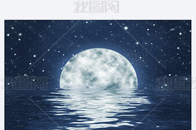 Full moon in water with reflection, starry night sky background