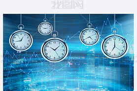 Four models of pocket watches are hovering in the air over financial graphs background. A concept of