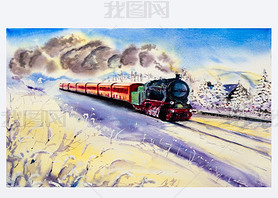 Snowy winter landscape with a retro steam train that releases pu