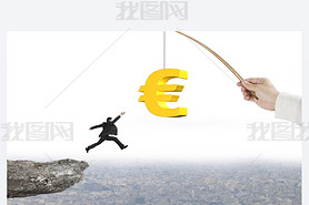 Man jumping golden euro symbol fishing lure with cliff cityscape