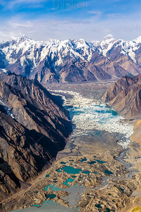 Moraine Glacier Lake Aerial View Mountain Canyon and Summits