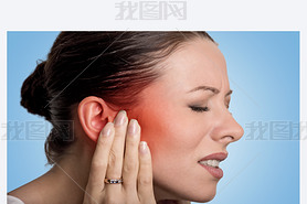 sick female hing ear pain touching her painful head