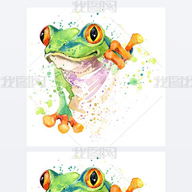 Funny frog T-shirt graphics. frog illustration with splash watercolor textured background. unusual i