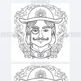 Zentangle coloring  page for adults anti stress with man face and decorative oak frame  with hat and