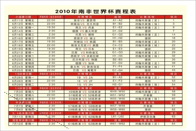 2010年世界杯赛程 表格 矢量图