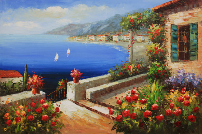 地中海 花园景 风景画 无框画 油画