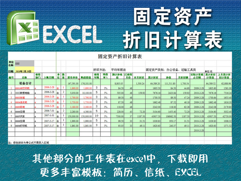 固定资产折旧计算表excel模板(图片编号:1228