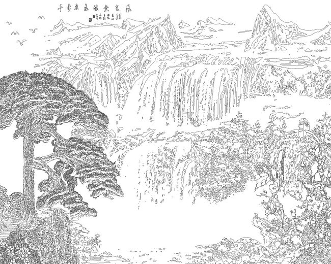 迎客松山水背景墙国画山水中式雕刻路径(图片