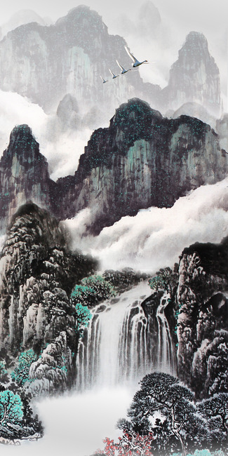 原创国画山水画鸿图大展山峦山脉水墨画玄关