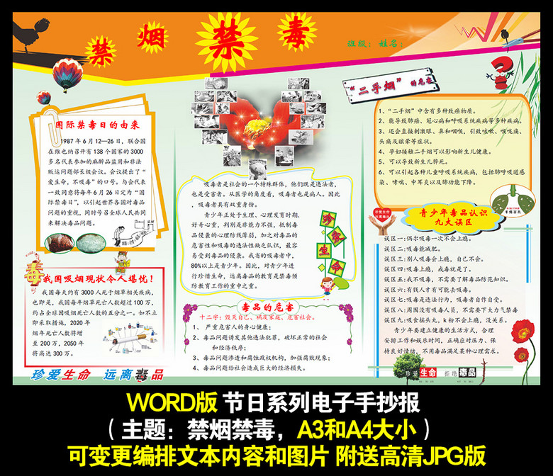 禁毒禁烟手抄报电子小报模板WORD模版(图片