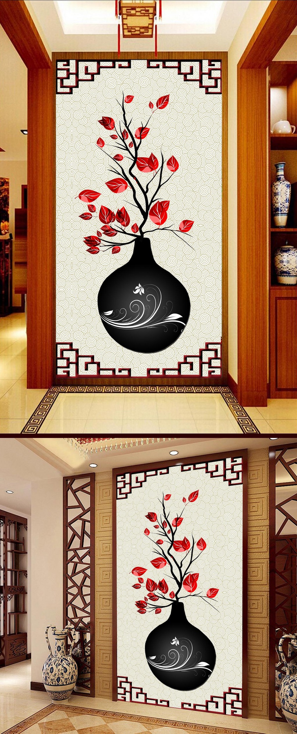 手绘花瓶树枝插画中式玄关壁画背景墙图片设计
