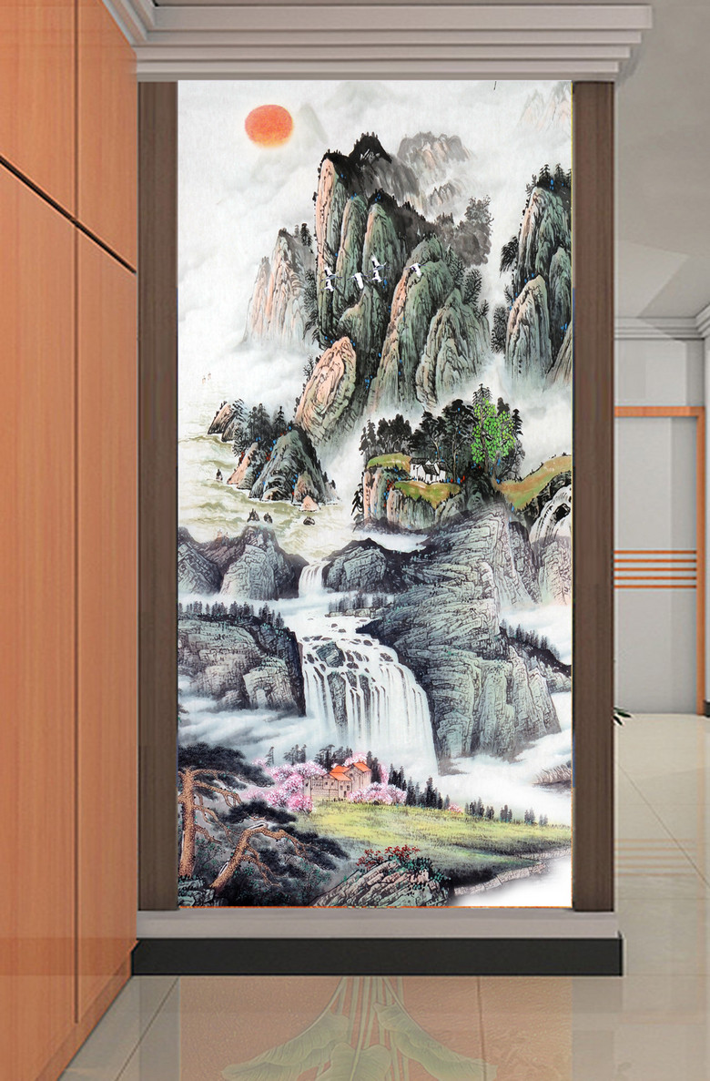 原创旭日东升国画山水画风景画锦绣河山玄关图版权可商用