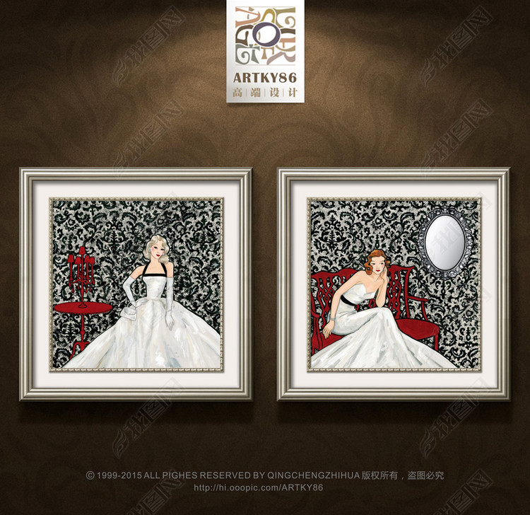 复古花纹时尚美女镜子长裙晚礼服婚纱装饰画