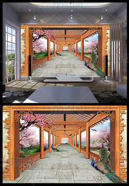 原创梦幻春天3d桃花孔雀长廊花园电视背景墙版权可商用