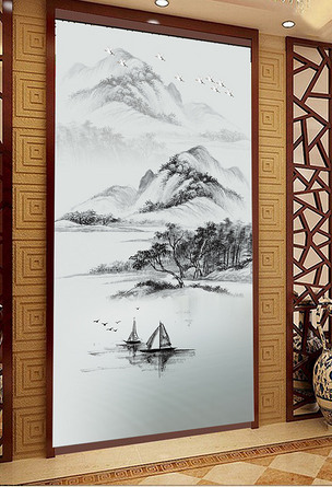 国画水墨画山水风景画江南风光玄关
