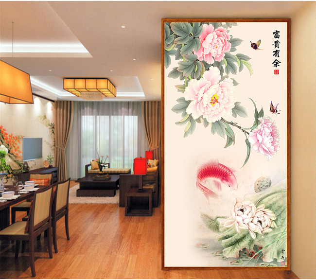 富贵有余牡丹荷花玄关背景墙