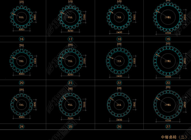 CAD图纸之中餐厅圆桌标准尺寸西餐餐桌(图片